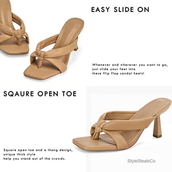 Square Toe Thong Heels Mules 2.75 Inch Kitten Heel Sandals Party Dress - Picture 4 of 7